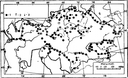 Рис. 104. Распространение серого гуся в Казахстане: 1—гнездование, 2—пролет весной, 3—пролет осенью
