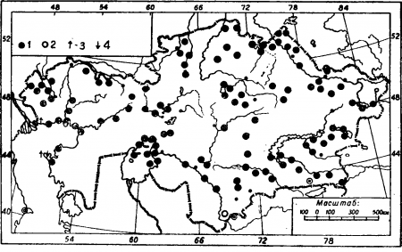Рис. 116. Распространение пеганки в Казахстане: 1—гнездование, 2—зимовки, 3—пролет весной, 4—пролет осенью.