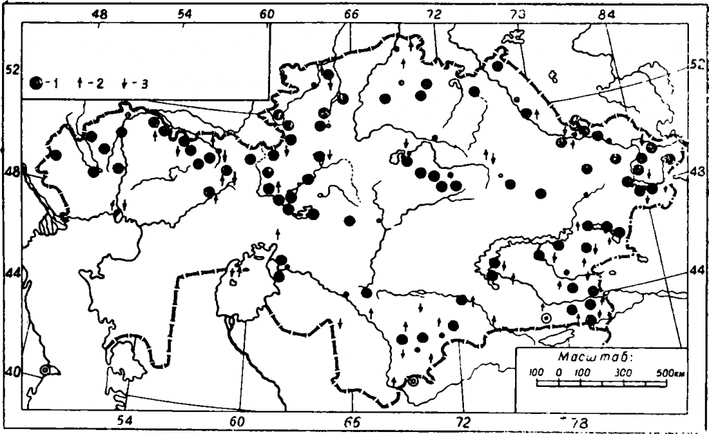 Рис. 186. Распространение серого журавля в Казахстане: 1 — гнездование, 2—пролет весной, 3 — пролет осенью.